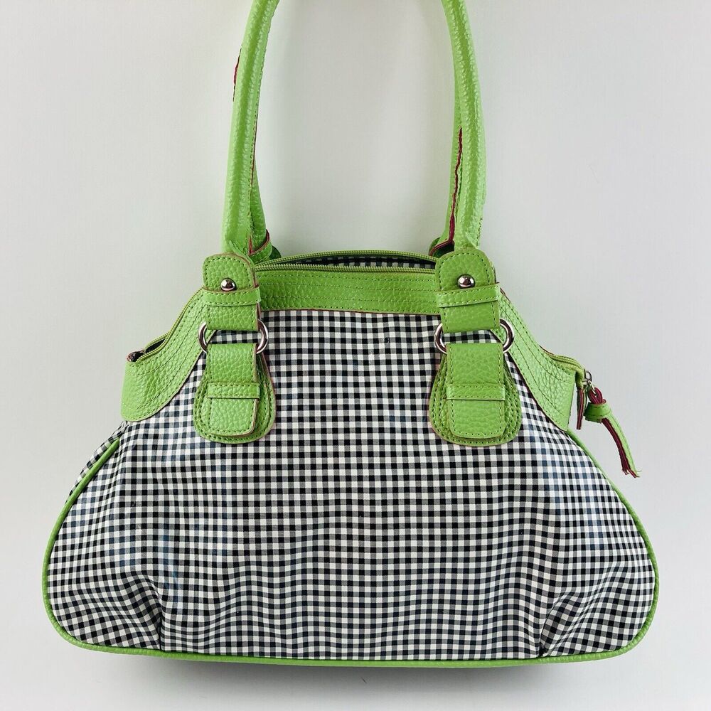 Jazza Vintage Vinyl Plastic Black White Checker Purse Shoulder Bag Lime Neon Gre